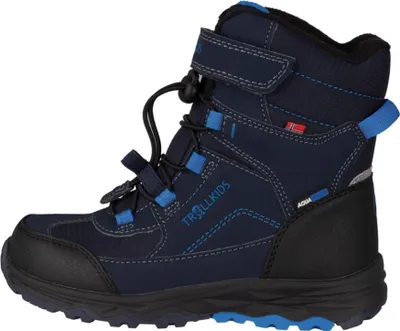 A single blue winter boot for children.
