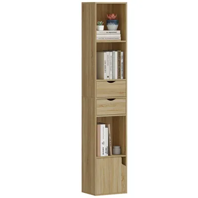 Produktbild von Bš¹cherregal mit 6 F?chern, Schublade, Tš¹r und offenen Regalb?den, 30 x 24 x 158 cm, Eiche