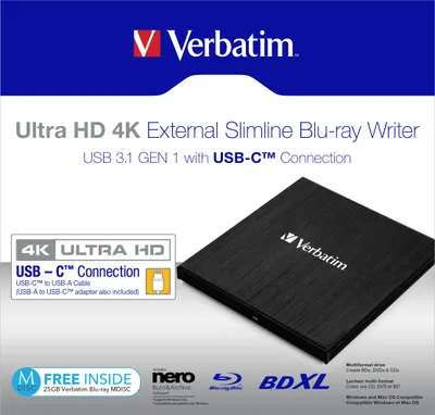 Marketing image for a Verbatim external Blu-ray writer.