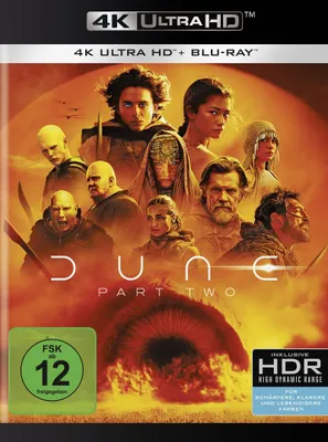 The cover art for Dune: Part Two 4K UHD Blu-ray, featuring a collage of the main characters against a fiery, desert-like background.