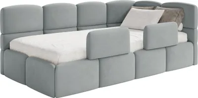 Produktbild von Selsey Cloudy – Kinderbett 120x200, Kopfteil rechts, Matratze & Bettkasten, Samt Grau