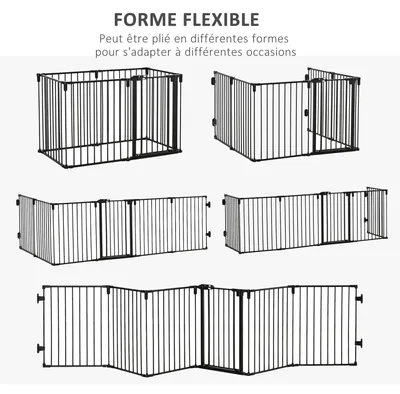 Image de Grilles de protection pour animaux et grilles de protection pour cheminée - Pliables et modulaires - 6 éléments avec porte - Installation sans perçage - 362,5 × 76 cm - Noir