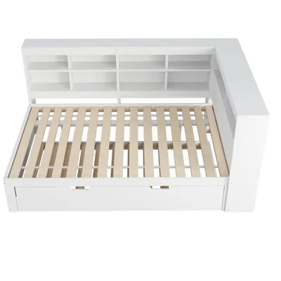 Produktbild von Merax Schlafsofa 140x200cm mit Ausziehbett 90x190cm, Tagesbett mit USB und Ablagefach, Kinderbett mit Lattenrost, Doppelbett Daybett Jugendbett, Weiß