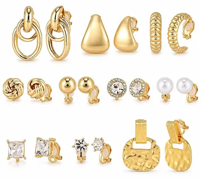 Imagen del producto de Pendientes tipo clip dorados, 10 pares, pendientes tipo clip con detalles de circonitas y perlas, para mujeres