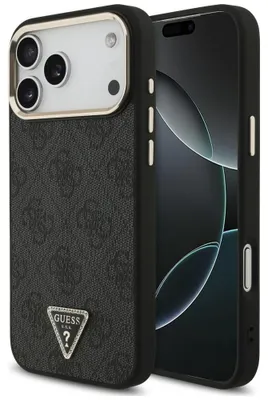 Produktbild von Guess Back Cover PolyurethanLeather 4G Strass Triangle Logo Gold Frame MagSafe iPhone 17 Pro Max/18 Pro Max black