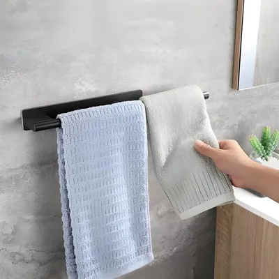 Image de Porte-serviettes de salle de bain - Fixation murale, acier inoxydable, sans perçage - 39 cm - Noir