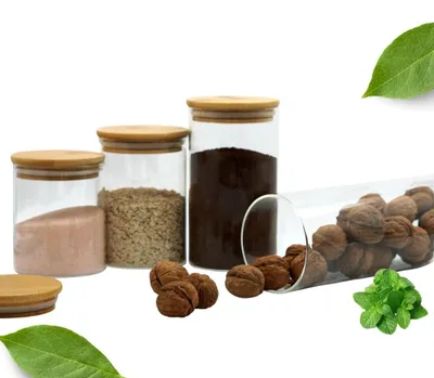 Produktbild von Set aus 4 luftdichten Glasaufbewahrungsbehältern mit Bambusdeckel