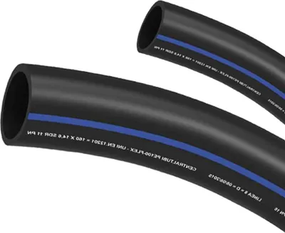 Two black hoses with a blue stripe are shown in a studio shot against a white background.