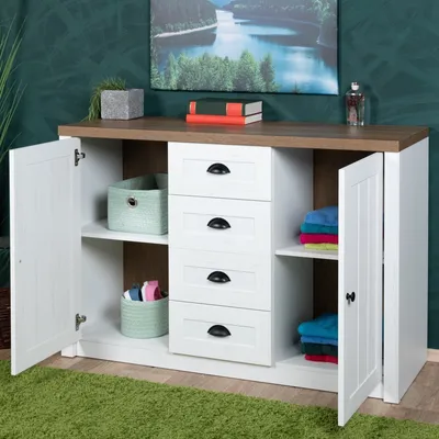 Produktbild von Kommode Segnas 03, Farbe: Kiefer Weiß / Eiche Braun - 88 x 130 x 43 cm (H x B x T)