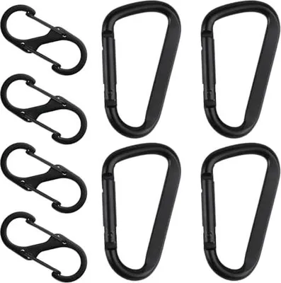 Produktbild von 8 STK Karabinerhaken Set, Inkl 4 STK D-Clips Karabinerhaken & 4 STK S Karabiner Haken Aluminium, Metall Doppelkarabiner, Carabiner Schwarz für Camping Wandern Rucksack