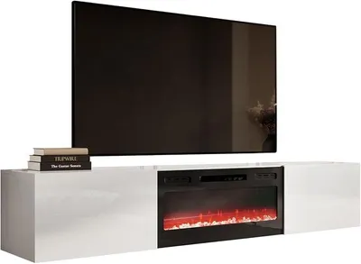 Produktbild von Schrank mit Elektrischem Kamin Slide 200 Fernsehschrank TV Lowboard Griffloses Öffnen Hängeschrank Elektrischer Kamin, Heizung Realistische LED-Flamme (weiß/weiß Hochglan)
