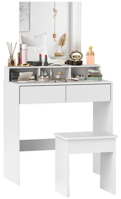 Immagine prodotto di HOMCOM Tavolo da Trucco con Specchio, 3 Ripiani, 2 Cassetti e Sgabello, in Legno, 75x38x135 cm, Bianco