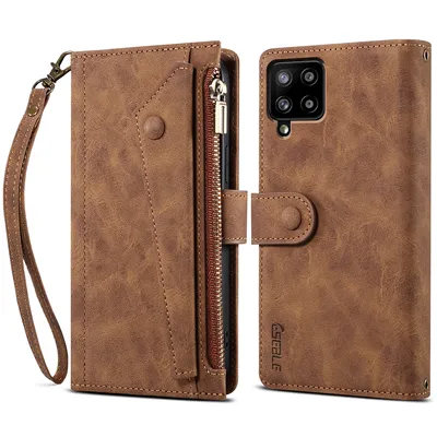 Obrázek produktu pro Ochranné pouzdro pro Samsung Galaxy A42 5G, kožené pouzdro na zip, skládací peněženka s přihrádkou na karty, stojánek a poutko Hnědý