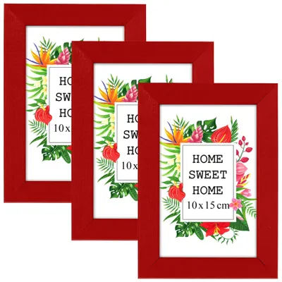 Produktbild von MG Design Set aus 3 Rot Bilderrahmen A6 10 x 15 cm - Aus echtem Holz mit Acrylglas, zum Aufhängen & Aufstellen, für Fotos, Poster & Puzzle