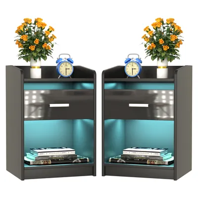 Produktbild von 2x Nachttisch,Nachtschrank mit Led Licht,16 Farben Nachtkommode mit Schubladen,Schwarz Front Hochglanz Beistelltisch Kommode Sofatisch 40x35x58cm