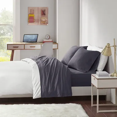 Productafbeelding van Design ID Katoenmix, jersey, gebreid, kingsize beddengoed, katoenen kustlakens, donkergrijs lakenset, 4-delig, inclusief plat laken