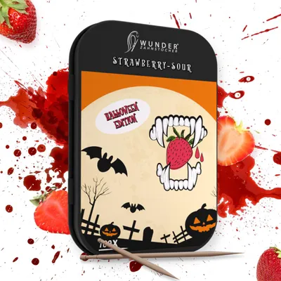 Produktbild von Wunder Zahnstocher Halloween Edition – 100 Stück in Metallbox – Erdbeer-Sauer Geschmack – Limited Edition für Halloween-Partys