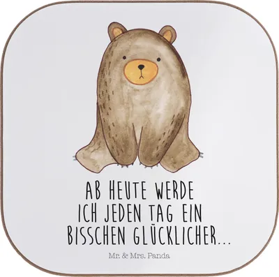 Produktbild von Mr. & Mrs. Panda Untersetzer für Gläser Bär sitzend - Weiß - Geschenk, Tischuntersetzer, Teddy, Glas, Coaster, Getränkeuntersetzer