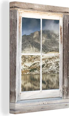 Produktbild von OneMillionCanvasses® - Leinwandbilder - 90x140 cm, Aussicht - Berg - Holz, - Geöffnetes Fenster - Fensterblick Schlafzimmer Kunstdruck Wanddekoration - Foto auf Leinwand - Gemälde auf Holzrahmen  - Wandschmucke - Schlafzimmer