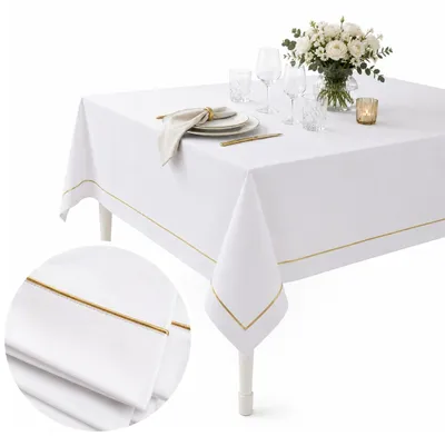 Produktbild von MEBLE ODNOWA, Tischdecke, mit Goldener Borte, Rechteckig, Weiß, 160×300 cm, Tischschutz, Elegant, Maschinenwaschbar, Polyester, Tischdekoration