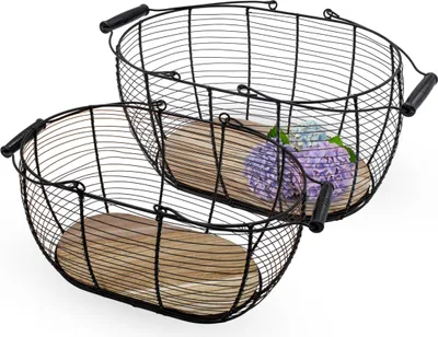 Image de 2.05 Set de paniers en fil métallique noir / naturel - 2 pièces / 40 + 34 cm - Paniers décoratifs avec poignée de transport