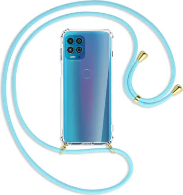 Produktbild von Handykette Backcover-Schutzhülle mit Band (Metall goldfarben) für Motorola Moto G100 - himmelblau