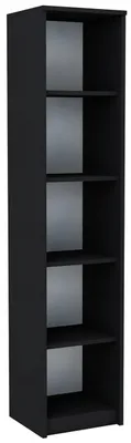 A tall, narrow, black open bookshelf with five shelves.