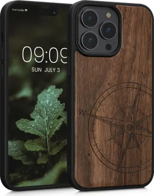 Produktbild von kwmobile Hülle kompatibel mit Apple iPhone 14 Pro Max Hülle - Holz Case - Handy Cover - TPU Handyhülle in Dunkelbraun Kompass Vintage