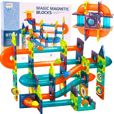 A colorful magnetic building block marble run set is displayed, with some of the blocks and tubes forming a complex structure. The packaging box is visible in the background.