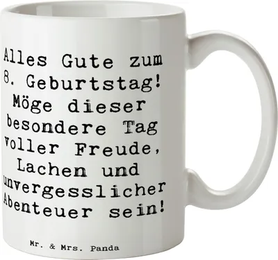 Produktbild von Mr. & Mrs. Panda Kaffeebecher Spruch 8. Geburtstag Abenteuer - Weiß - Geschenk, Geburtstagsgeschenk, Freude, Geburtstagsgruß, Becher, Tasse, Happy Birthday, Teetasse
