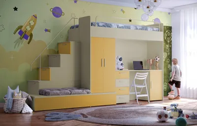 Produktbild von Etagenbett FELIX 5, Hochglanz Kinderbett, Hochbett, MIT Matratze und Lattenrost (Kaschmir + Gelb, Matt)