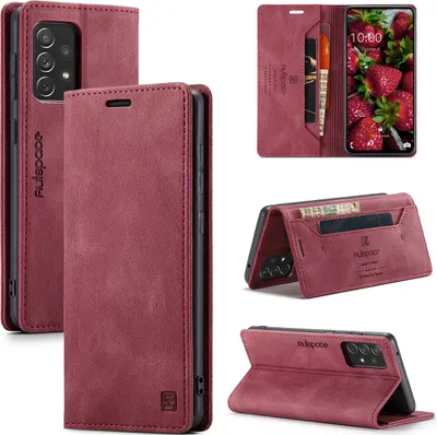 Produktbild von Galaxy A73 5G Brieftasche Hülle, Retro Kunstledertasche Stand Schutzhülle für Samsung Galaxy A73 5G Rot