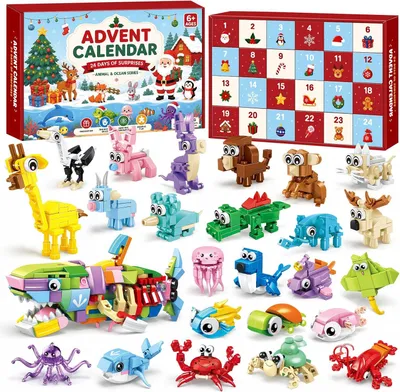 Imagen del producto de Calendario de adviento 2026 para niños: calendario navideño de 24 días con animales y más de 676 piezas de construcción, incluyendo 12 animales de la granja y 12 otros elementos, todo en 1