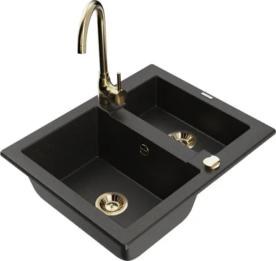 Produktbild von Mexen Carlos 1,5-Becken-Granitspüle mit Mischbatterie Telma, Schwarz/Gold metallisch - 6518-75-670200-50