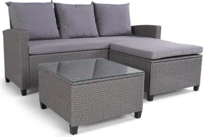 Produktbild von Lounge-Gruppe HERNING aus Polyrattan, hellgrau, mit Ecksofa und Tisch