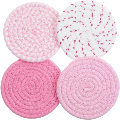 Produktbild von 4er Set runde Untersetzer aus rosa Baumwolle, saugfähig und hitzebeständig, waschbar