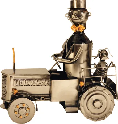 Produktbild von Extravaganter Wein Flaschenhalter Flaschenständer Traktor aus Metall in silber Höhe 22,5 cm
