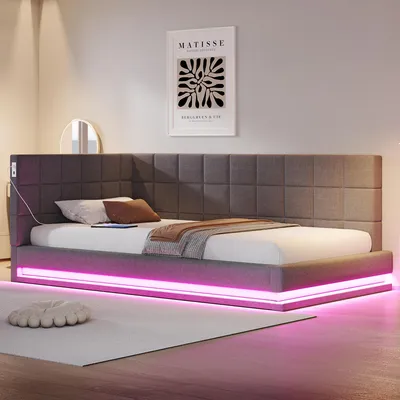 Image de OKWISH Lit Gigogne 90x200 cm - Lit Simple avec LED et Prise USB, Rangement et Dossier Rembourré, Tissu Contreplaqué MDF, Sans Matelas - Gris