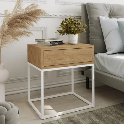 Image de AX LIVING Table de nuit Commode Aleio 45 cm chene Wotan, pietement blanc