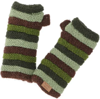 Produktbild von Geringelte Handstulpen aus Nepal, Handgestrickte Pulswärmer aus Schurwolle - Olivgrün, Uni, Handschuhe & Handstulpen