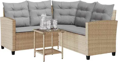 Immagine prodotto di vidaXL Divano da giardino a L con tavolo e cuscini Beige poly rattan