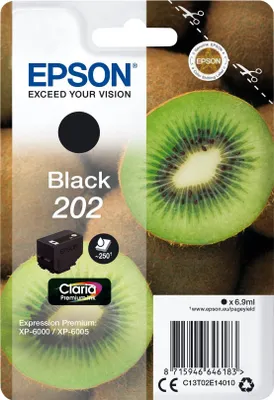 Produktbild von Epson Kiwi Singlepack Black 202 Claria Premium Ink, Standardertrag, Schwarz, Tinte auf Pigmentbasis, 6,9 ml, 1 Stück(e), 250 Seiten