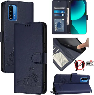 Produktbild von Leder Hülle für Xiaomi Redmi Note 9 4G Süße Katze Flip Case Brieftasche Schutzhülle mit Standfunktion Blau