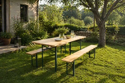 Produktbild von Bierzeltgarnitur PREMIUM 220x70cm – Massivholz Kiefer - Tisch + Bänke