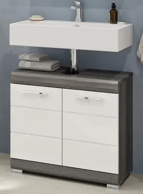 Produktbild von Waschbeckenunterschrank "Shawn" weiß Hochglanz Rauchsilber grau Badschrank 60 cm