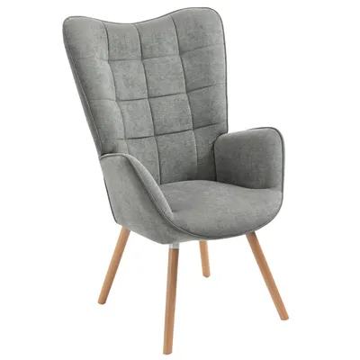 Image de Meubles Cosy : fauteuil de style scandinave avec revêtement en tissu gris, pieds en bois et surpiqûres décoratives – FUNKEL