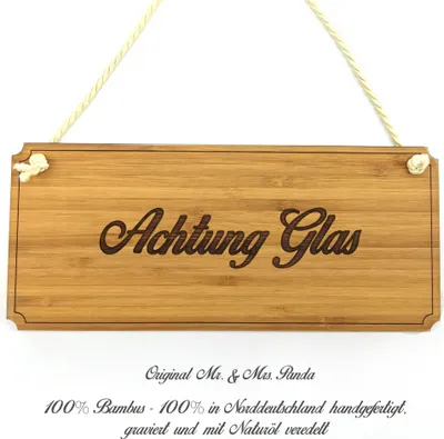 Produktbild von Mr. & Mrs. Panda Schild Achtung Glas - Geschenk, Werbeschild, Wegweiser, Shabby, Graviert, Wandschild, Geschenkidee, wandtafel, Landhaus, Türschild