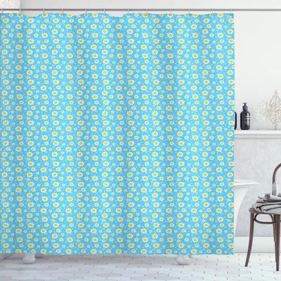 Obrázek produktu pro ABAKUHAUS Žlutá a modrá sprchová záclona, kreslené květy heřmánku a puntíky, svěží jaro pro děti a miminka, 175 x 180 cm, žlutá, bílá a modrá