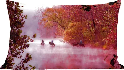 Produktbild von MuchoWow® Zierkissen Sofakissen Wohnzimmer Dekokissen 50x30 cm Pferde - Nebel - Wald - Wohnzimmerdekoration - Polster mit Photo