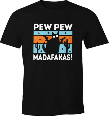 Produktbild von Herren T-Shirt Pew Pew Madafakas Katze Cat crazy verrückt Fun-Shirt Spruch lustig Moonworks® schwarz XS
